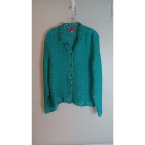Vintage Carina Blouse Top Green Sz Large Button Up Long Sleeve Ruffle